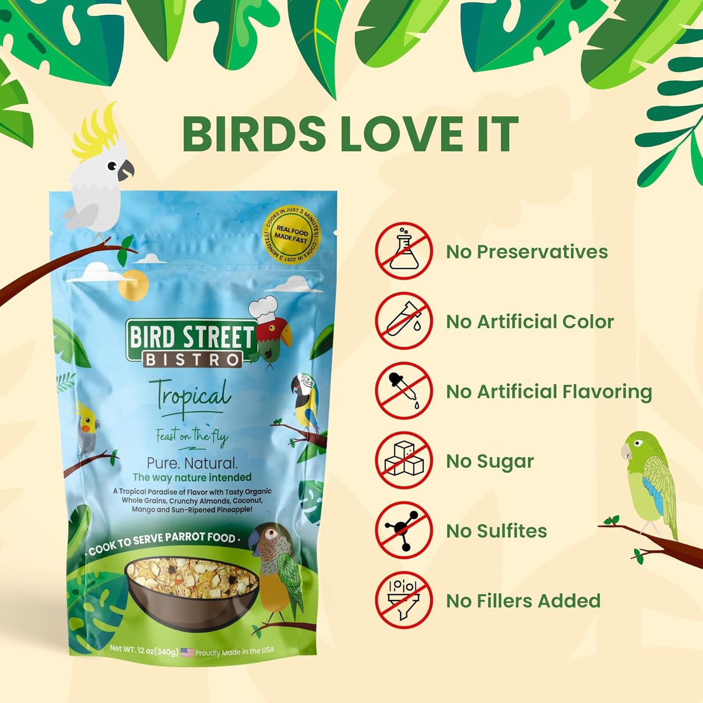 Bird Street Bistro Parrot Food for Parakeets & Cockatiels - Tropical - 18 oz - Cooks in 3-15 min, Natural & Organic Grains, Fruits & Vegetables - USA Made