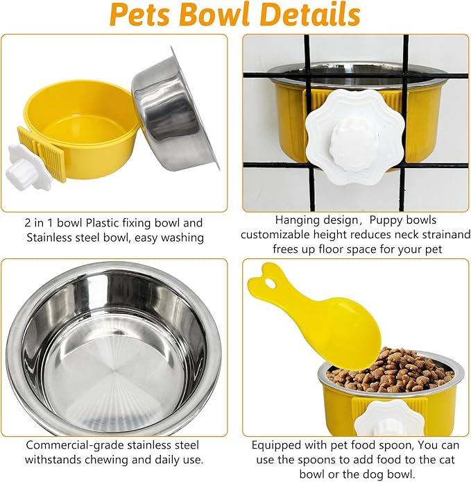 Hamiledyi Crate Dog Bowl Cat - Removable Stainless Steel Hanging No Spill Pet Bowl for Kennels Durable Detachable Design Fits Small Medium Dog Cages (2 Pcs, Yellow