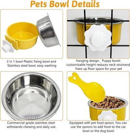 Hamiledyi Crate Dog Bowl Cat - Removable Stainless Steel Hanging No Spill Pet Bowl for Kennels Durable Detachable Design Fits Small Medium Dog Cages (2 Pcs, Yellow