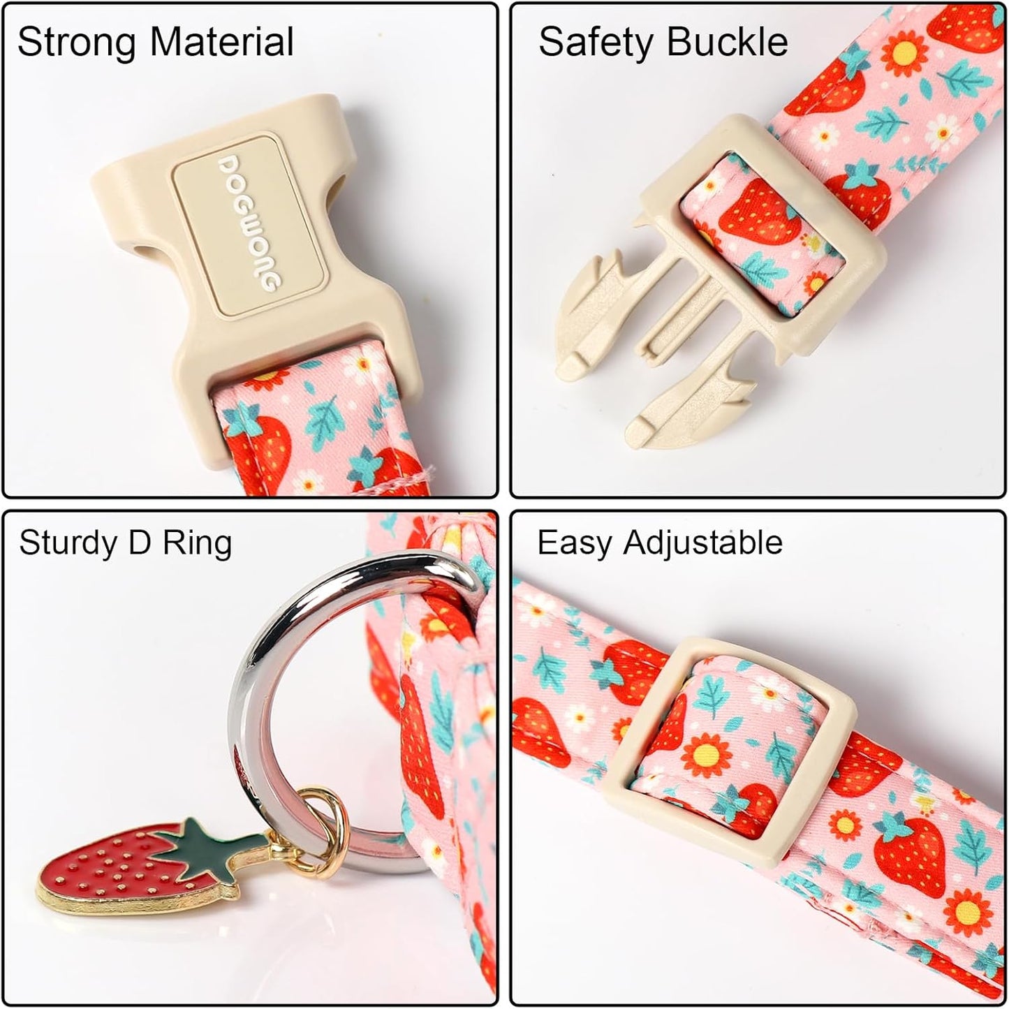 DOGWONG Cute Dog Collar- Strawberry Dog Collars Adjustable Designer Strawberry Flower Puppy Dog Collar for Small Medium Large Dogs XS