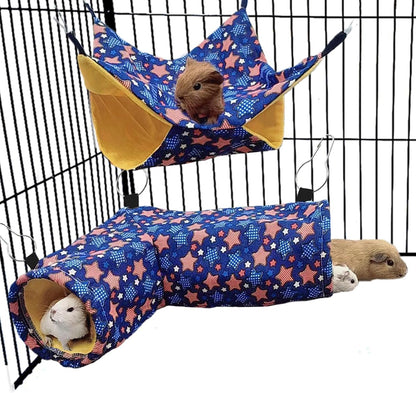 Guinea Pig Rat Tunnel Ferret Hammock, Small Animal Corner Tunnel & Tubes & Bed for Hedgehog Piggy Chinchilla Hideout Toys and Cage Accessories (3.Hammock&Tunnel)
