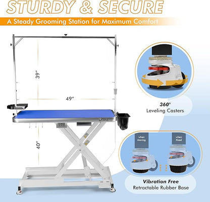 KANIS Professional Electric Dog Grooming Table - Heavy Duty, Height Adjustable Pet Grooming Table w/Leveling Wheels, Grooming Arm, Anti Slip Tabletop & Tool Organizer/Dog Grooming Station (49", WHITE)