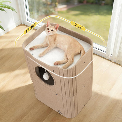 Cat House for Indoor Cats Large Cat Bed Cave 2-Storey Cats Condo with Cozy Felt Covered Hideaway for Multiple Pets Beige