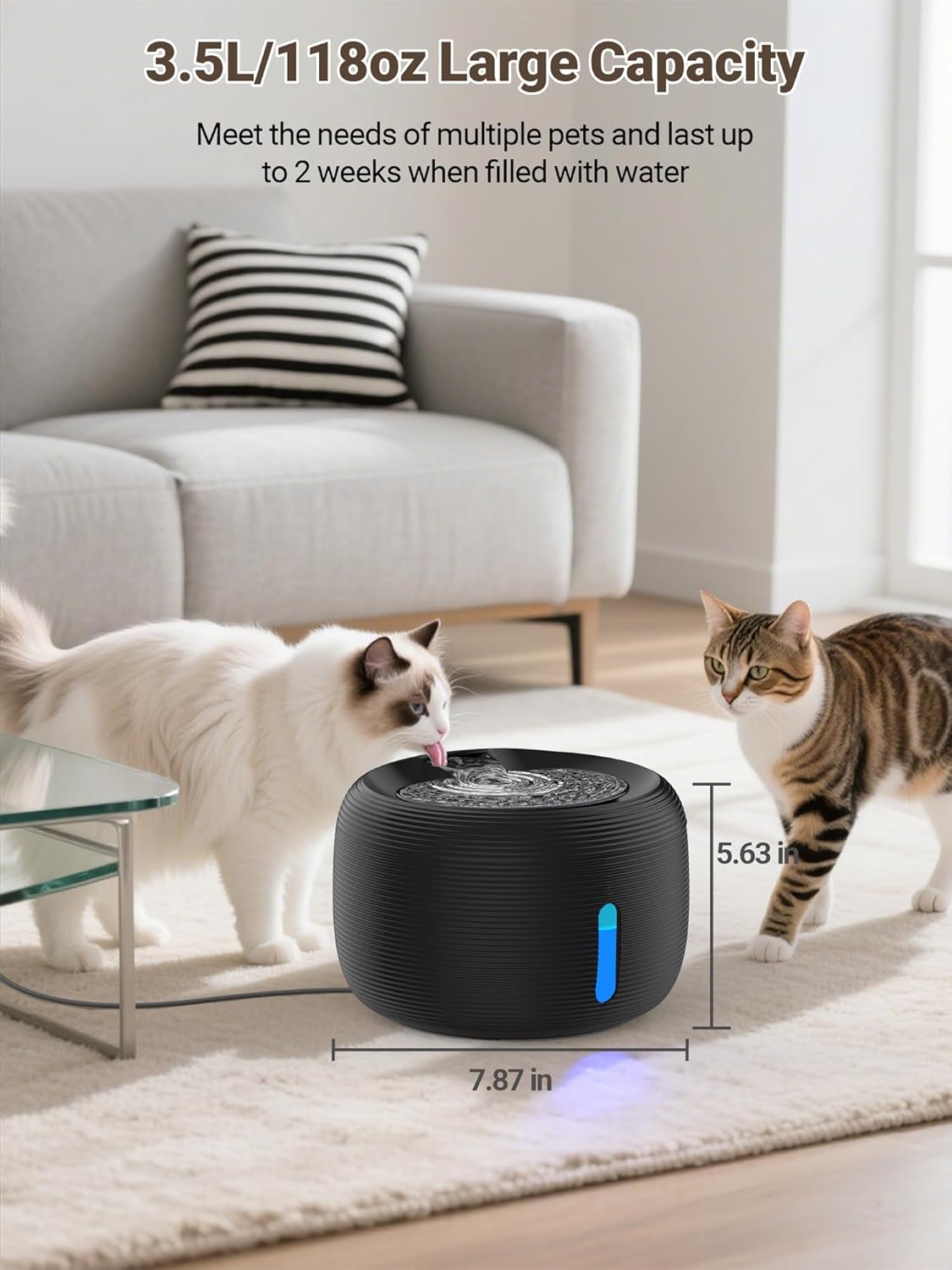 SIBAYS Cat Water Fountain, 3.5L/118oz Large Capacity Pet Water Fountain Cat Fountains for Drinking, Automatic Quiet Dog Water Bowl Dispenser with LED Light & Water Level Window(FS77, Black)