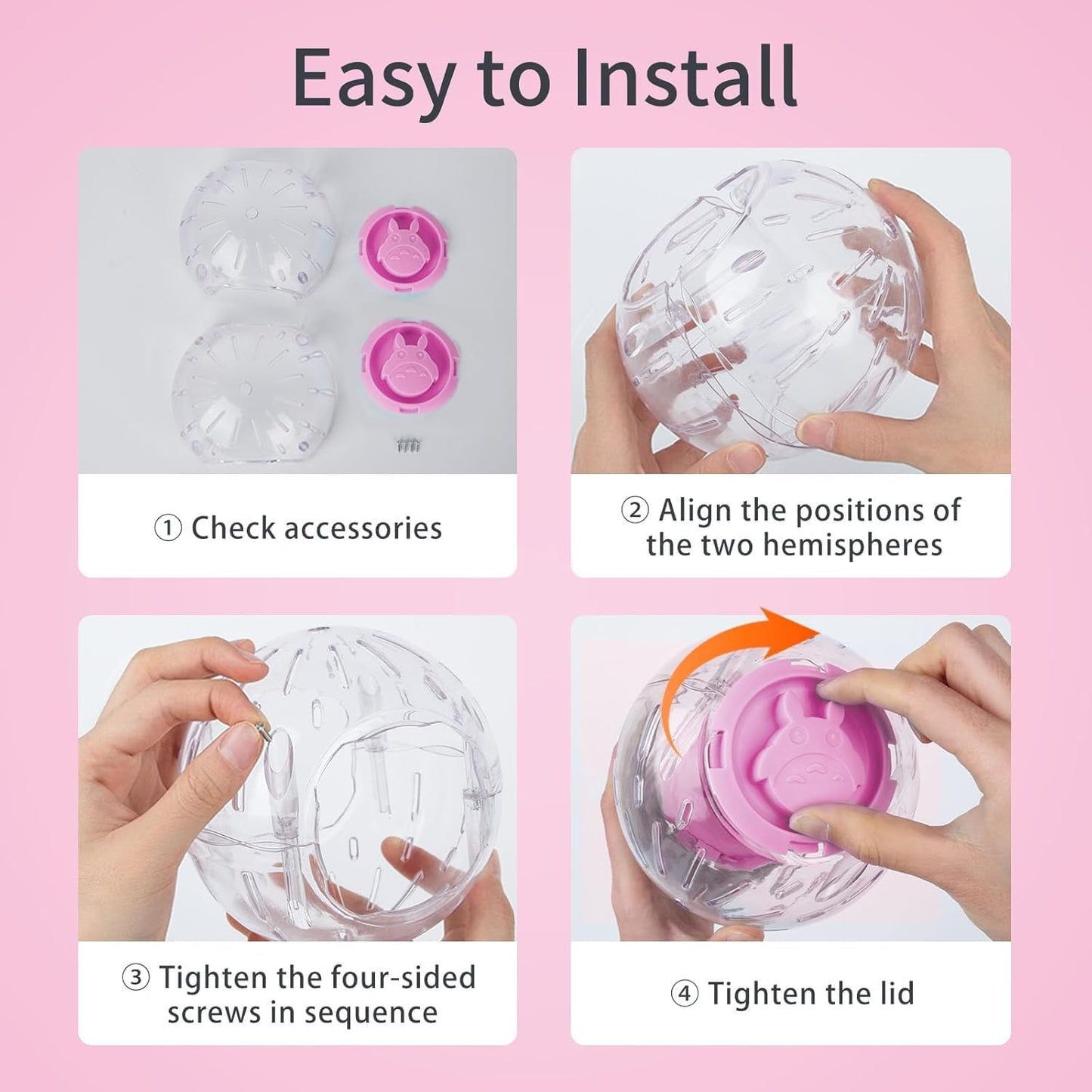 4.9" Hamster Wheel,Exercise Ball & Wheel - Silent Running Toy with Anti-Skid,Transparent Hamster Ball,Breathable Design & Rope for Easy Carry,for Little/Dwarf Mouse, Pink