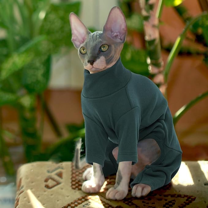 ROZKITCH Hairless Cat Clothes, Breathable Soft Jumpers for Cats Only, Coat with Four Legs, Warm Sweater T-Shirt Pajamas Jumpsuit Vest Cornish Rex Devon Rex Peterbald DarkGreen XL