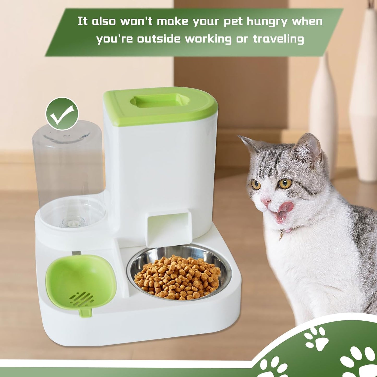 Automatic Cat Food and Water Dispenser Set 2 in 1,All-in-One Gravity Pet Feeder with Stainless Steel Cat Food Bowl Travel Auto Supply Feeder and Water Dispenser for Small Medium Cats Dogs (Green)