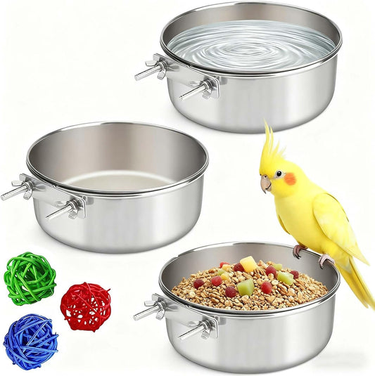 3 Pcs Stainless Steel Bird Food Water Bowls, Parrot Feeding Dish Cups with Clamp Holder Bird Ball Toys for Chinchilla, Cockatiel, Conure, Budgies, Parakeet, Lovebirds, Small Animals (Small)