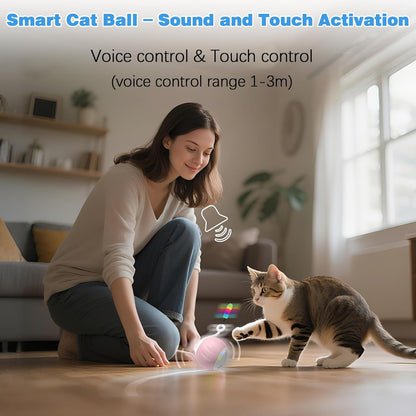 Cat Toys Interactive for Indoor Cats, Touch & Sound Smart Control - Fast Slow 2 Speed Motion Activated Cat Ball Toy for Bored Cats with LED Lights, Feathers Tail, USB Charging Cable, 6in1