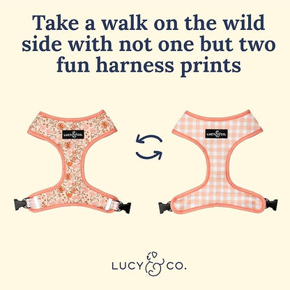 Lucy & Co. Cute Reversible Dog Harness Walking Halter - Best Designer Pet Harnesses for XS - XL Dogs - Padded Adjustable Vest for Easy Walking-Large-Peach Pink Floral Plaid