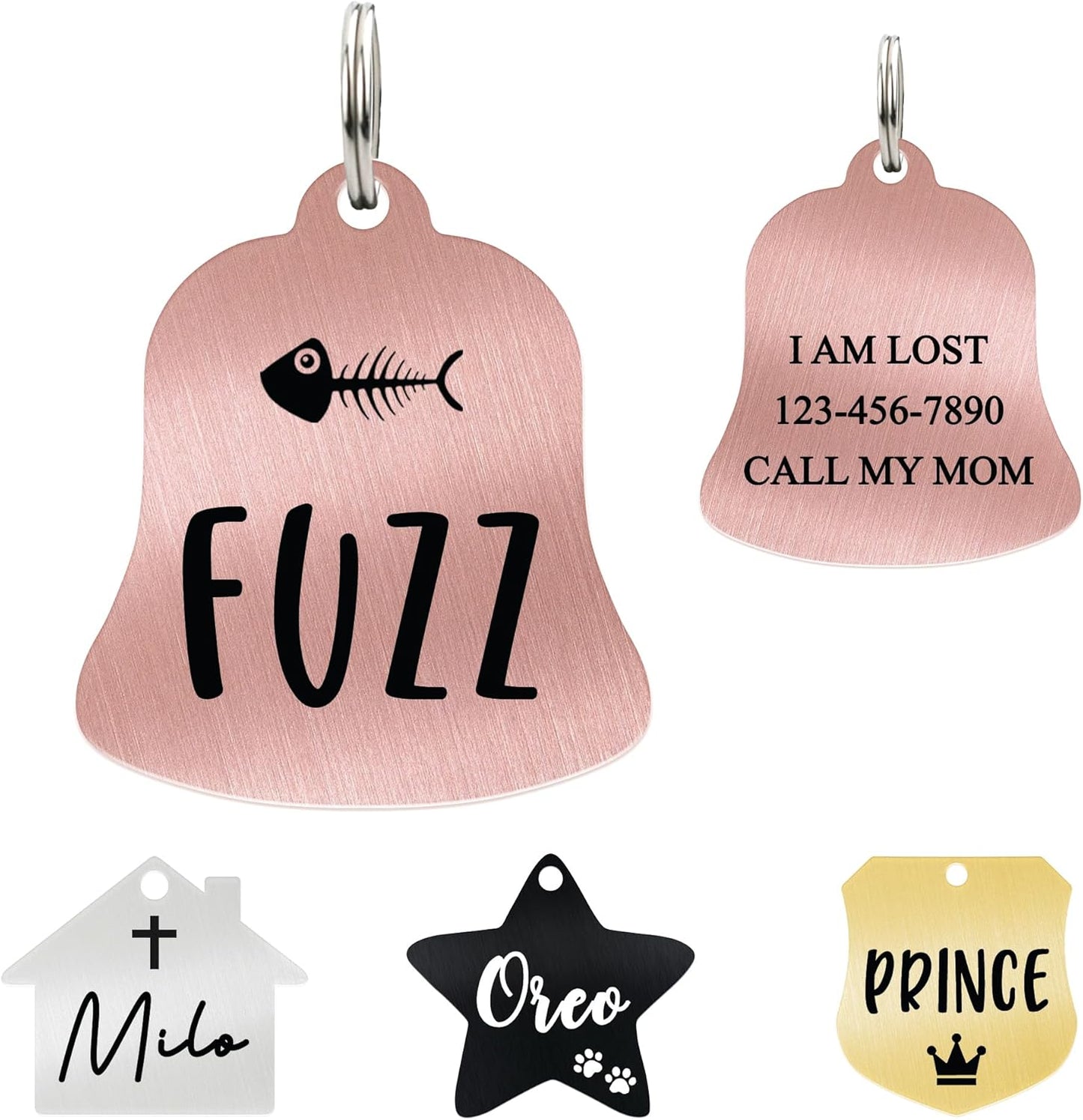 Ultra Joys Cat ID Tag Personalized Pet Tags, Durable Stainless Steel Small Pet Mini Dog Cat Tag Lightweight - Bell Tag in Rose Gold