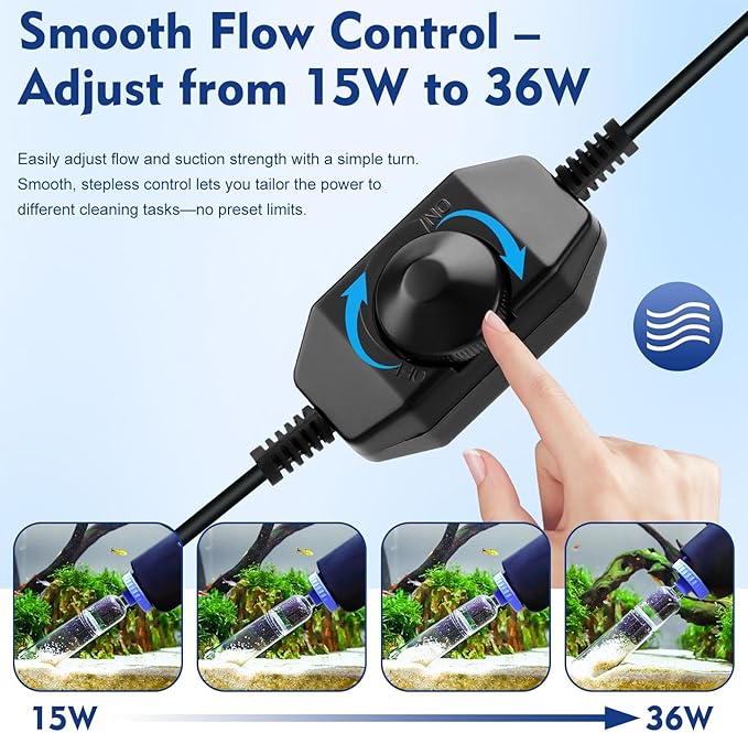 AQQA DC 36W Electric Aquarium Vacuum Gravel Cleaner 6-in-1 Multifunctional Fish Tank Cleaning Kit for Remove Dirt, Change Water, Wash Sand, Turtle Water Shower, Water Circulation with Adjustable Power