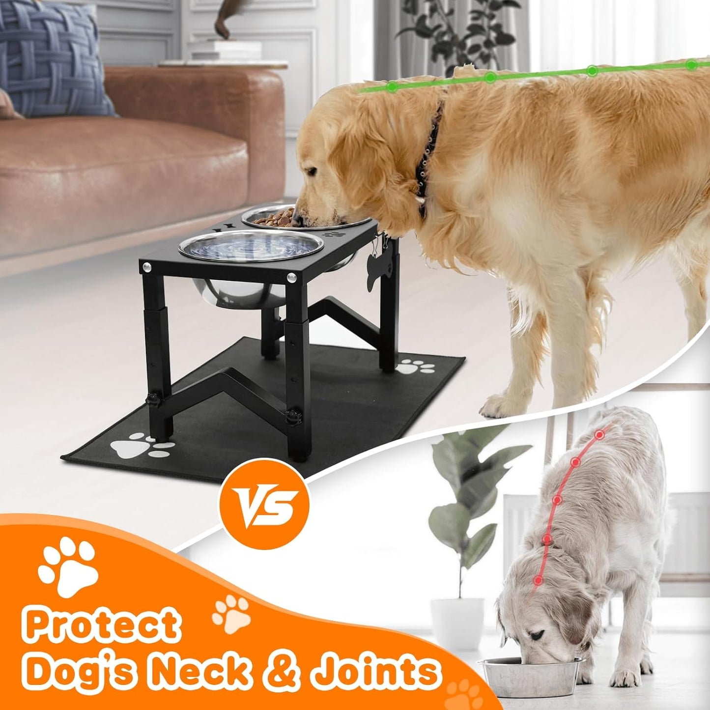 Elevated Dog Bowls, 3 Height Adjustable Metal Raised Bowl Stand with 2 Thick Stainless Steel Food Bowls & Spill-Proof Mat, Adjusts to 14.2'', 12.2'', 10.2'' for Large/Medium Breeds