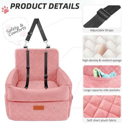 Dog Car Seat for Small Medium Dogs, Memory Foam Puppy Dog Booster Seat with Thick Cushion for Dogs Under 35lbs, Detachable Washable Pet Car Seat Travel Bed with Storage Pockets,2 Safety Belts