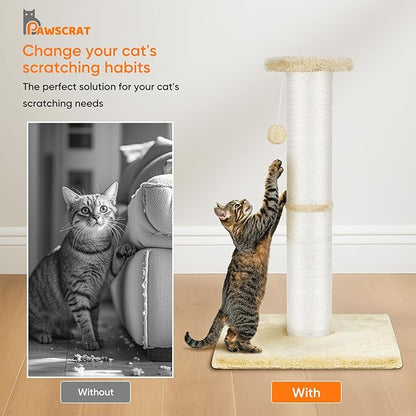 PAWSCRAT Cat Scratching Post 32" Tall, Large Diameter Natural Sisal Cat Scratch Post with Dangling Ball, Scratch-Resistant and Durable Tall Cat Scratcher for Indoor Cats, Protect Your Furniture, Beige
