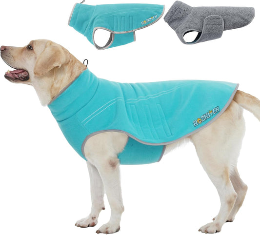 ROZKITCH Reversible Large Dog Coats for Winter Super Warm Fleece Sherpa Sweater with Embroidery, Adjustable Double-Sided Plush Sweatshirt for Large Breeds Bluegreen 3XL
