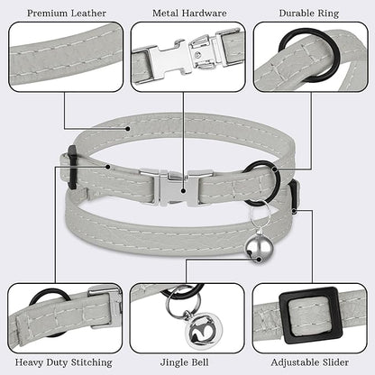Leather Cat Collar with Buckle and Removable Bell - Non Breakaway Adjustable Soft Safety Small Pet Collars for Girl Boy Cats Kitten (Gray)