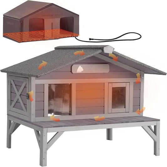 GUTINNEEN Heated Outdoor Cat House Insulated Feral Cat Shelter Weatherproof for Winter with Heater and Insulated Liner, 39.1" L x 31.7" W x 30.4" H, Grey