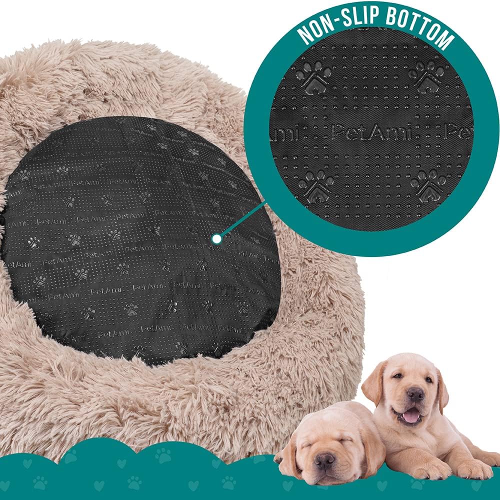 PetAmi Calming Dog Bed for Small Medium Dog Cat, Round Donut Dog Bed Washable, Fluffy Faux Fur Plush Cuddler Pet Kitten Cushion Bed, Anti-Slip, Fits up to 25 lbs, 23 inch, Taupe