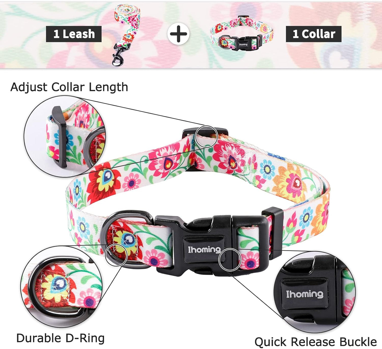 Ihoming Dog Collar and Leash Set for Daily Outdoor Walking Running Training, White Colorful Flowers Design for Large Boys Girls Dogs Cats Pets, L-Up to 80LBS
