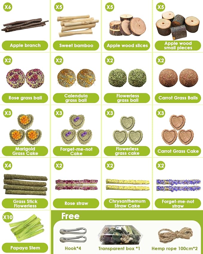 68pcs DIY Rabbit Chew Toys,Rabbit Toy for Bunnies Boredom Bunny Toys for Teeth, Timothy Stick, Apple Sticks, Sweet Bamboo, for Guinea Pig, Hamster, Chinchilla, Rat, Small Animals