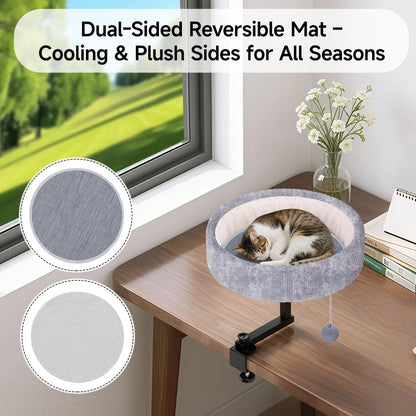 Cat Desk Bed with Heating Pad - 360° Rotating & Adjustable, Supports 44 lbs, Soft Faux Fur with Dual-sided Reversible Mat, Indoor Cat Nest Furniture for Office Desks and Game Tables, Island Table