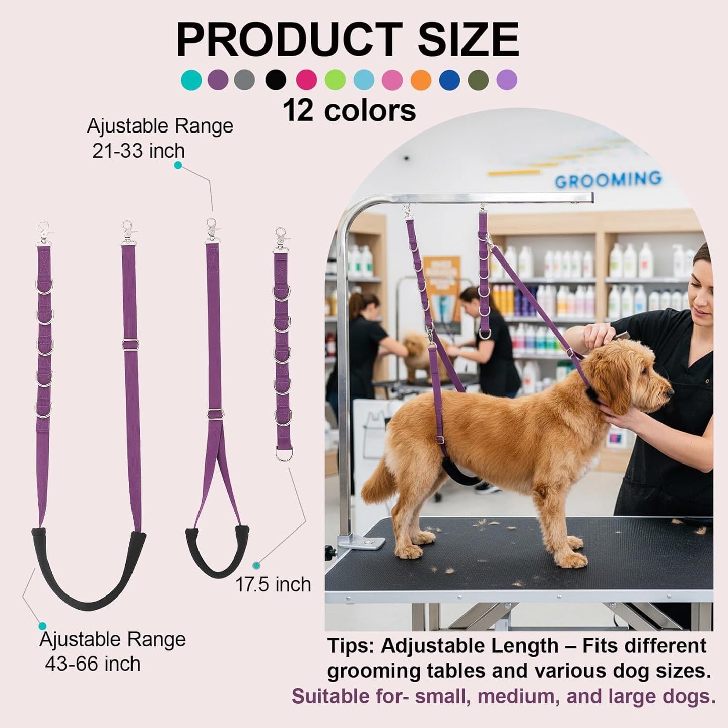 Dog Grooming Belly Straps Pink Pet Grooming Supplies 3 Sets Professional Dogs Belly Band Pet Dogs Groomer Extension Strap Table Arm Loop Extender for Small Medium Large Pets (Pink)