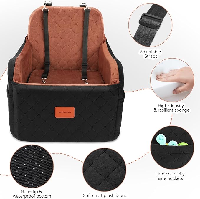 Dog Car Seat for Small/Medium Dogs, Memory Foam Dog Booster Seat for Dogs up to 35 lbs, Travel Safety Per Car Seat with Washable Removable Cover and Storage Pockets (Black/Brown, Medium)