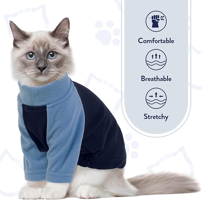 T'CHAQUE Cat Pajamas - Soft Cat Clothes& Shirts & Pajamas with Sleeves, Stretchy Sweater, Pullover Kitten Clothes, Blue, X-Large