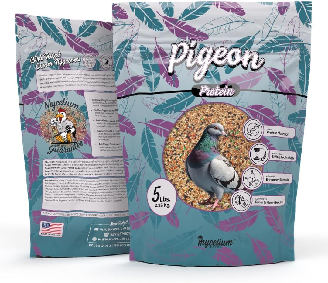 Mycelium High Protein Pigeon Food (5 LB Bag) | Organic Wild Bird Seed for Outside Feeders & Ground Feeding | Calcium Enriched Formula | Filler Free, Non-GMO, Made in USA