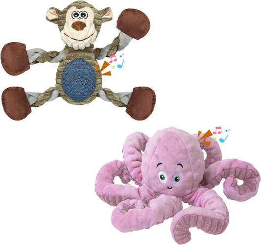 2Pack Dog Toys for Large Dog - Plush Squeaky Medium & Small Dog Toys - Stuffed Animals Puppy Toys - (Monkey+Octopus Pink)