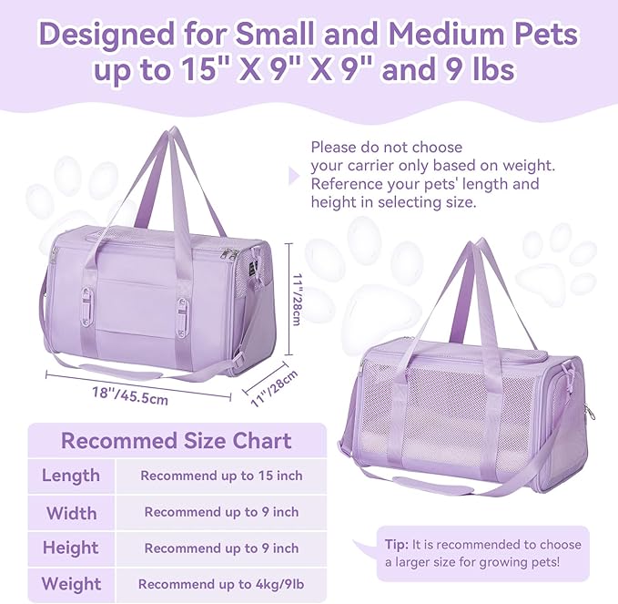 PETSFIT Cat Car Carrier for Small/Medium Cats Dogs, 18"x11"x11" Airline Approved Cat Carrier, with Patent Safety Buckles and Escape-Proof Zipper - Safeguarding Car Travel, Airplane, Vet, Outdoor