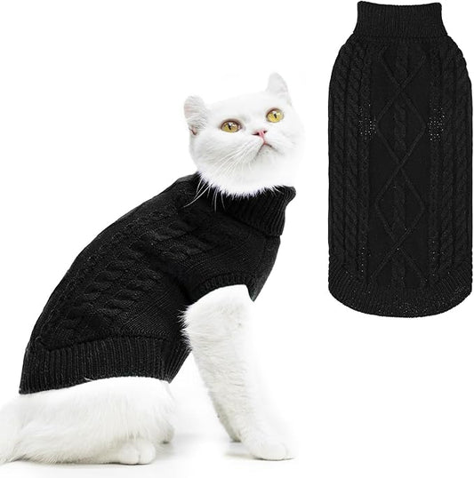 PUPTECK Winter Cat Sweater Coat - Soft Warm Cold Weather Clothes Knitwear for Kittens & Small Dogs Indoor Outdoor Wearing, Knitted Classic for Doggies Kitties Girls Boys, Black, M
