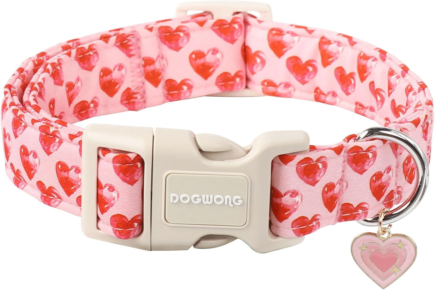 DOGWONG Valentine Dog Collar- Cute Pink Heart Dog Collars Adjustable Durable Designer Valentine’s Day Dog Collar for Small Medium Large Dogs M