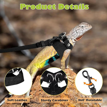 KABASI Bearded Dragon Harness Leash Set, 3 Size Adjustable Lizards Training Walking Leather Vest Escape-Proof Traction Rope for Squirrel and Other Outdoor Small Reptiles (Black)