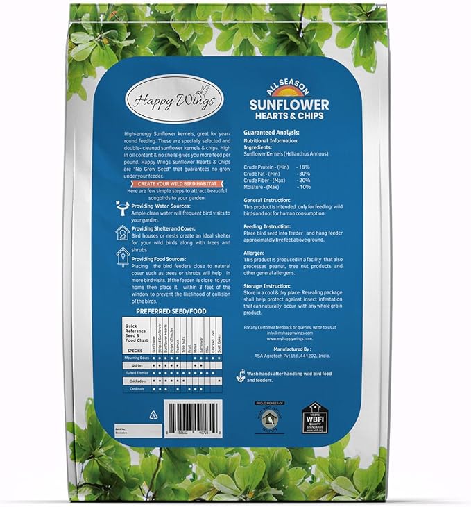 Happy Wings Sunflower Hearts & Chips Bird Food 15 lbs No Mess, No Waste Seed No Grow Formula Ideal for Wild Birds, Finches, Sparrows, and Year-Round Feeding.