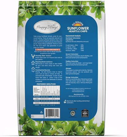 Happy Wings Sunflower Hearts & Chips Bird Food 15 lbs No Mess, No Waste Seed No Grow Formula Ideal for Wild Birds, Finches, Sparrows, and Year-Round Feeding.