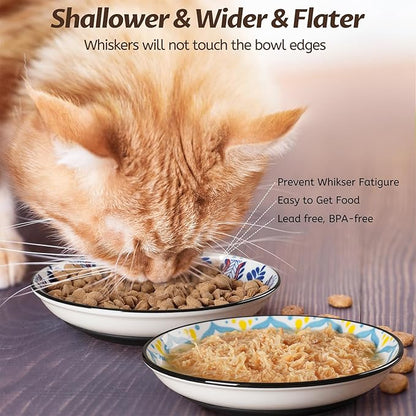 Non-Slip Cat Bowl,Ceramic Cat Food Bowls with Silicone Bottom, Anti-Whisker Fatigue Cats Dishes Set, Shallow & Wide Kitten Plates for Food and Water, 4 Pack