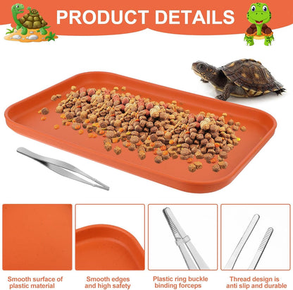 2 Pieces Reptile Food Water Dish, Reptile Feeding Bowl, Tortoise Feeding Dish, Plastic Pets Feeding Plate with 1Pcs Forcep, Crawl Pet Basking Platform for Turtle Lizard Bearded Dragon Gecko Snake