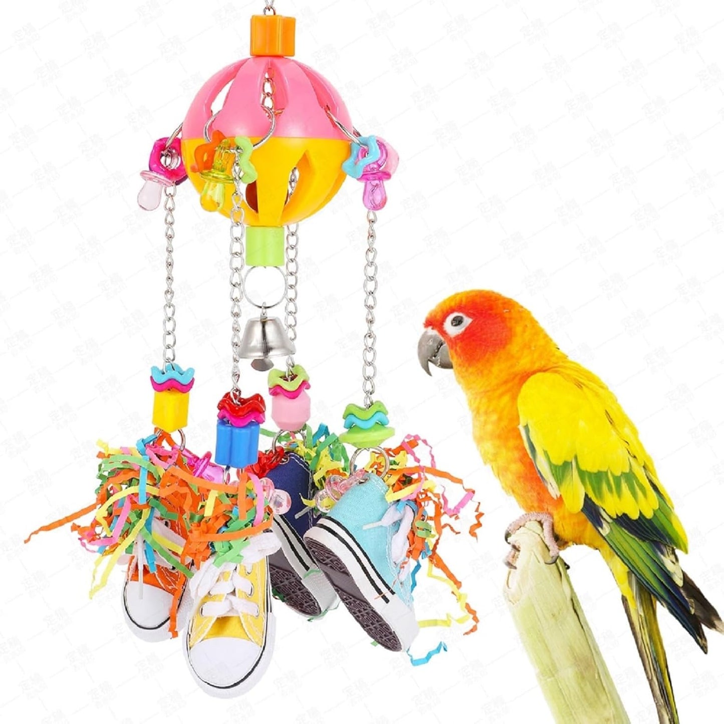 Bird Toys for Parrots and Conures, Colorful Chew Sneakers, Bell Balls, Acrylic Pacifiers, Durable Toys for Small and Medium Birds, Hanging Bird Cage