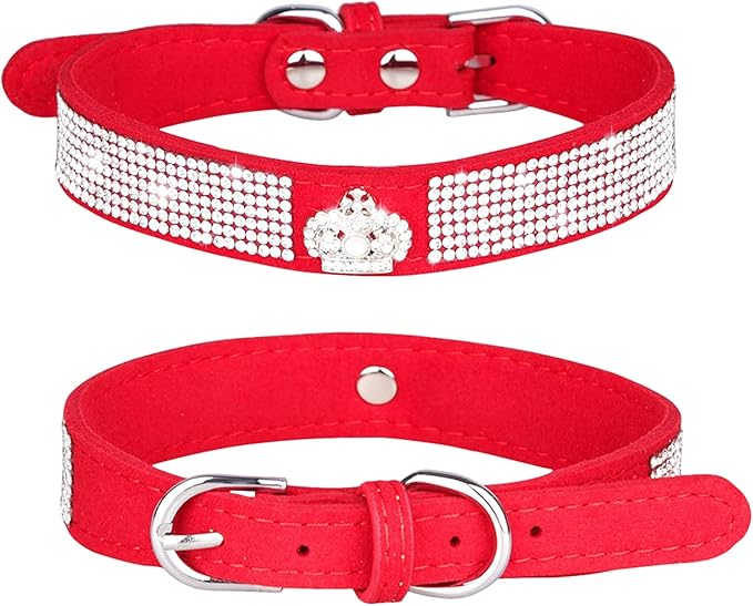 Rhinestone Dog Collar, Cute Dazzling Sparkling Soft Suede Leather Adjustable Pet Dog Cat Collar Crystal Diamond for Puppy Small Medium Large Dogs (L:38-46cm, Red-4)