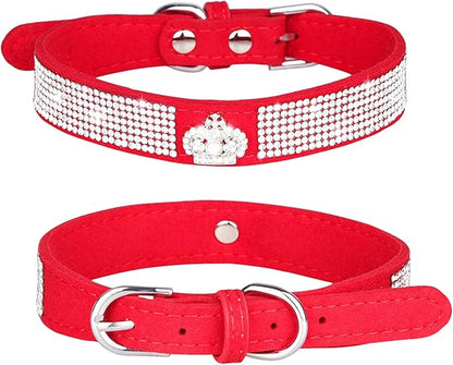 Rhinestone Dog Collar, Cute Dazzling Sparkling Soft Suede Leather Adjustable Pet Dog Cat Collar Crystal Diamond for Puppy Small Medium Large Dogs (L:38-46cm, Red-4)