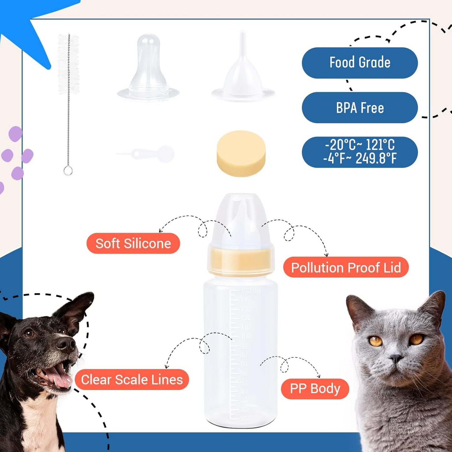 DEMORA Kitten Bottle Feeding Kit, Graduated Nursing Feeding Bottles for Pet Kitten Puppy Hamster Rabbit with Two Kinds of Replaceable Nipples Feeder (Clear, 5 oz)