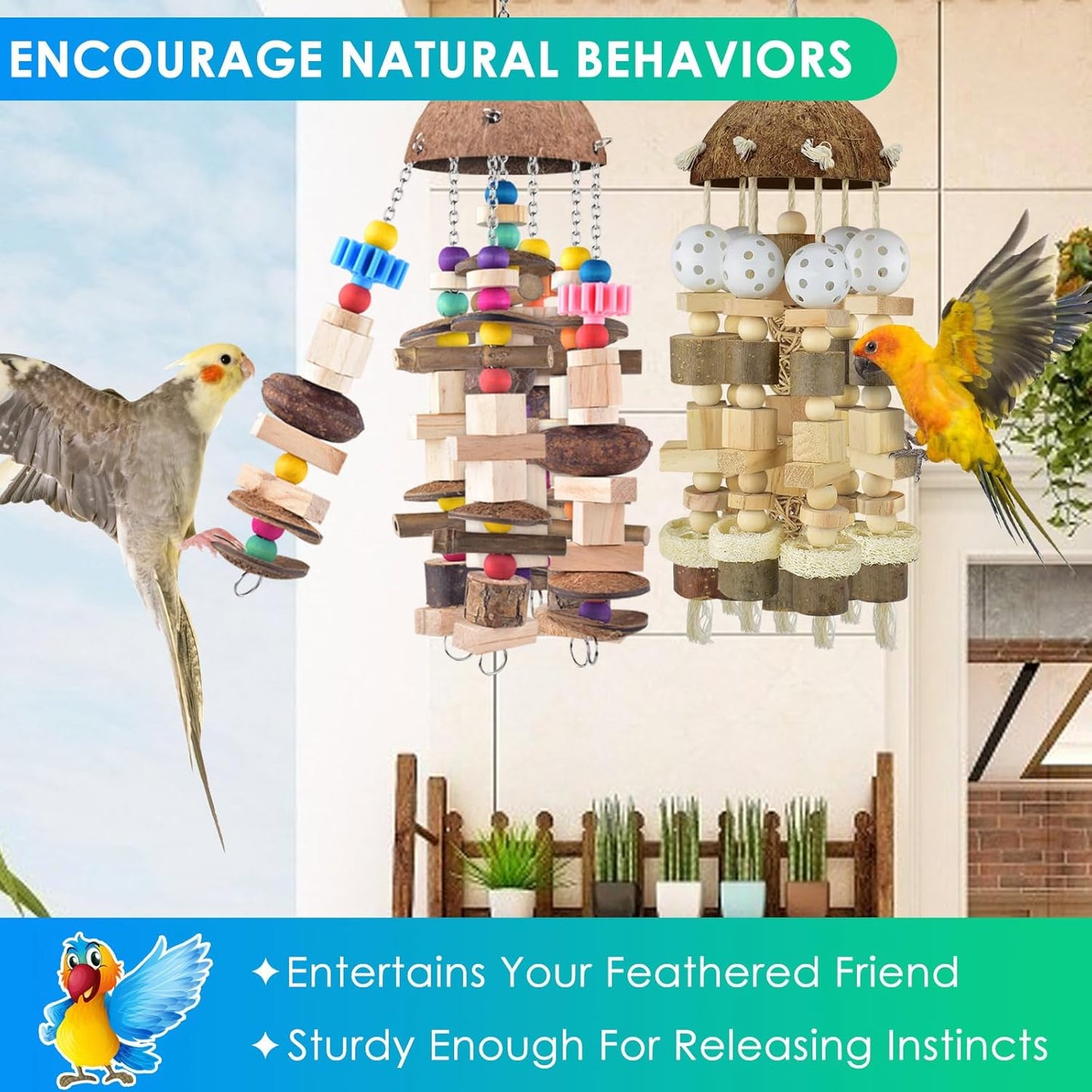 KATUMO Bird Toys, 2PCS Large Wooden Blocks & Coconut Shell Chew Toys for African Grey Cockatoo Amazon Parrots and Medium to Large Birds