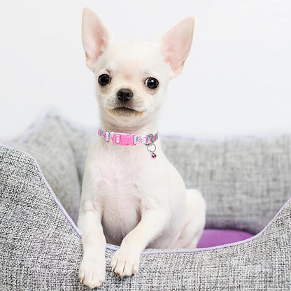 Pink Floral Dog Collar with Bell for Small Dogs, Pretty Cute Flower Dog Collar Girl Puppy Collars with Bells for XS Small Tiny Pet Female Dogs Kitten Little Animal, S