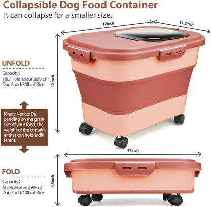 Dog Food Storage Container, 5-20Lbs Collapsible Pet Food Storage Containers with Rolling Wheel Airtight Locking Lid, Dry Food Storage Bin with Cup and Scoop,Suitable for Pet Food, Rice, Flour