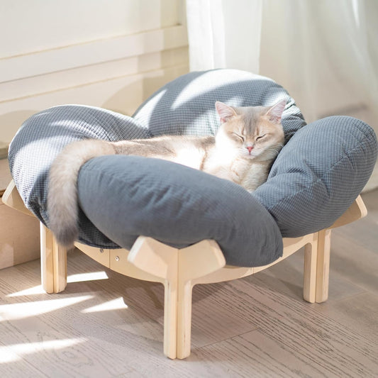 CHEERHOME PETS Elevated Cat Bed Wooden with Cushion Fluffy Pet Couch Sofa for Indoor Cats Raised Kitty Lounge Chair Suitable for Puppy, Cat Furniture(Gray)