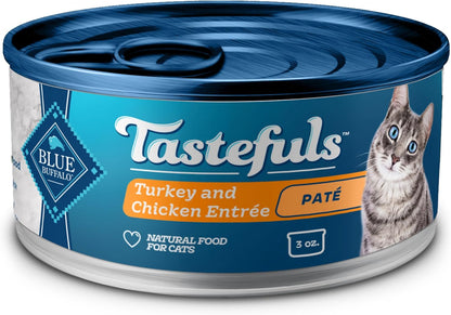 Blue Buffalo Tastefuls Wet Cat Food Paté, Made with Natural Ingredients | Turkey and Chicken Entrée, 3-oz. Cans (24 Count)