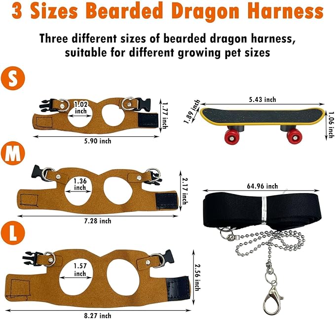 PINVNBY Bearded Dragon Leash and Harness Set - Adjustable with Lizard Traction Rope and Mini Scooter Toy for Reptile Outdoor Walking - 3 Sizes