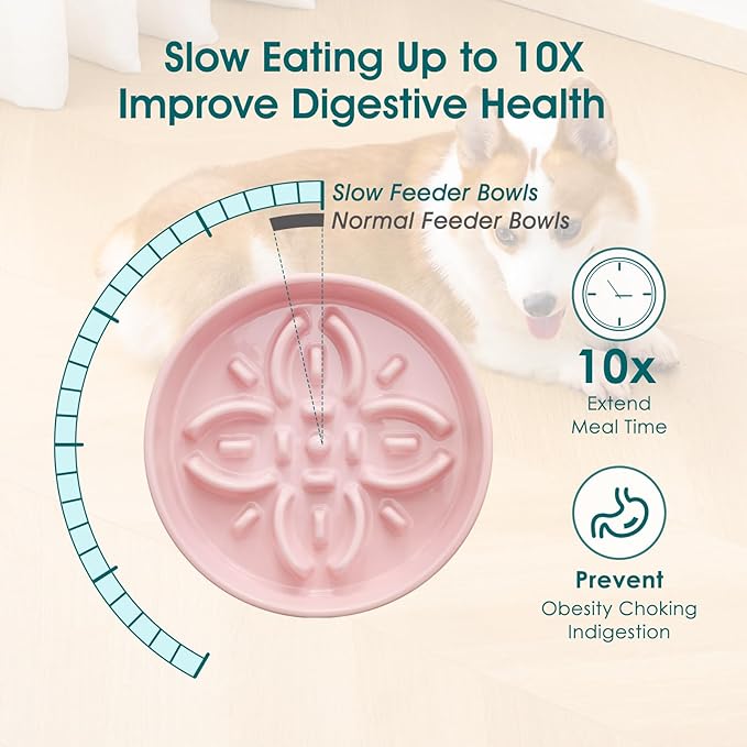 vancasso Ceramic Slow Feeder Dog Bowls, Puzzle Dog Food Bowls with Floral Maze, Anti -Slip Pet Food Dish for Large Breed, 3 Cups, Pink